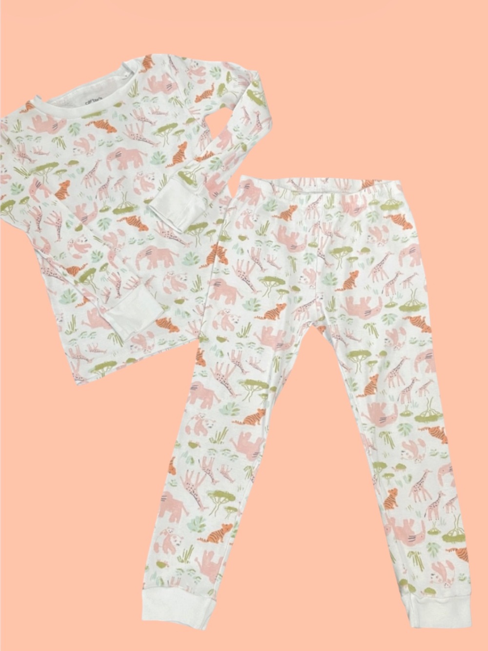 Carter's Girls White Pink, Orange & Green Safari Animal Pajama Set
